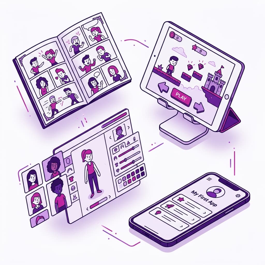 Illustration of games, apps, and comics created by kids